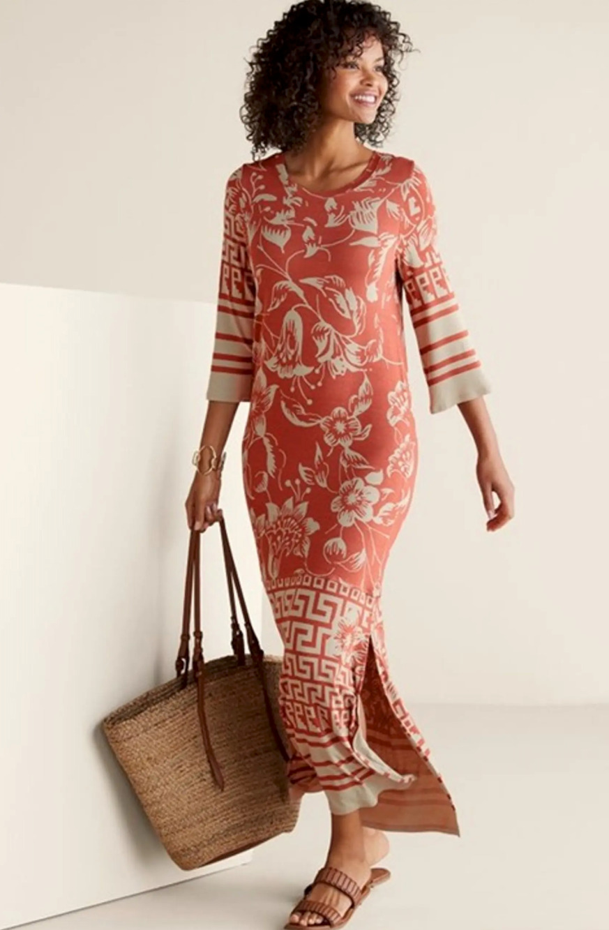 NWT SOFT SURROUNDINGS ASTERIA KNIT GRECIAN FLORAL GEOMETRIC BOHO MAXI DRESS SZ M